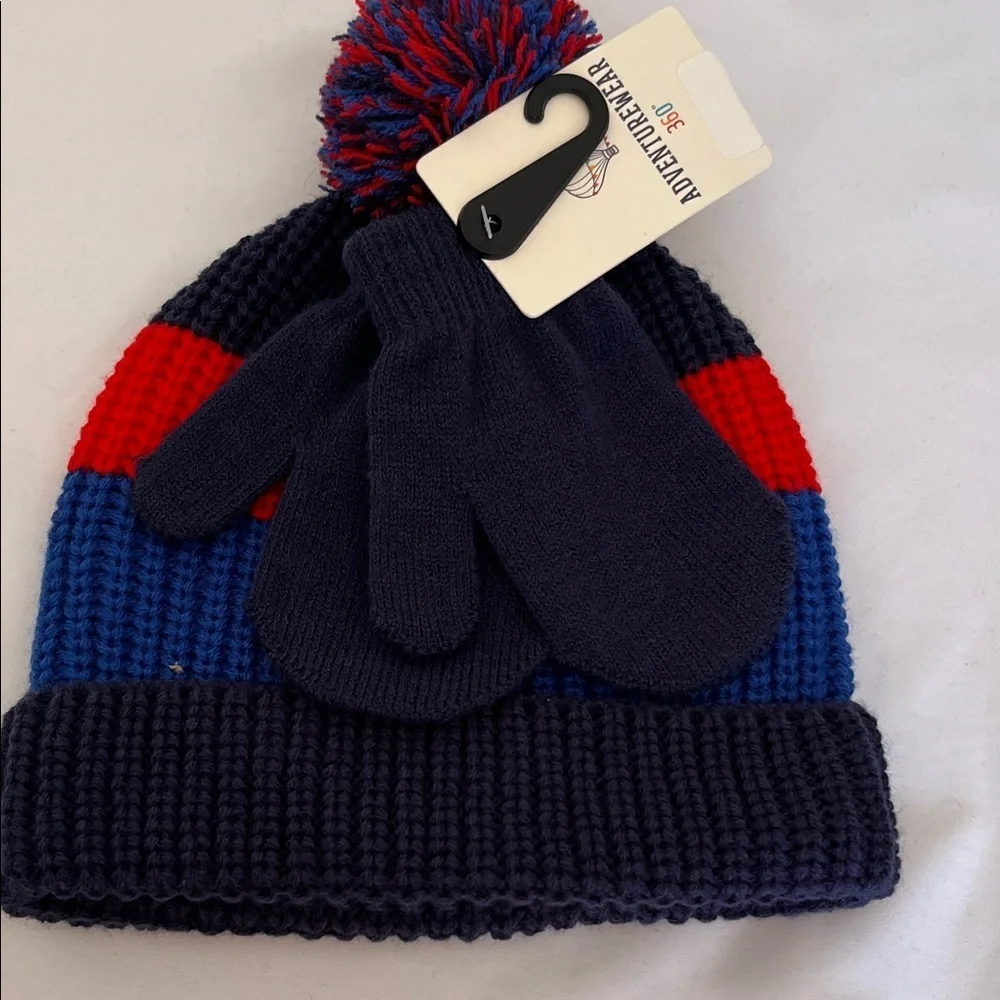Pendleton Kids' Navy and Red Pom-Pom Hat with Mittens
